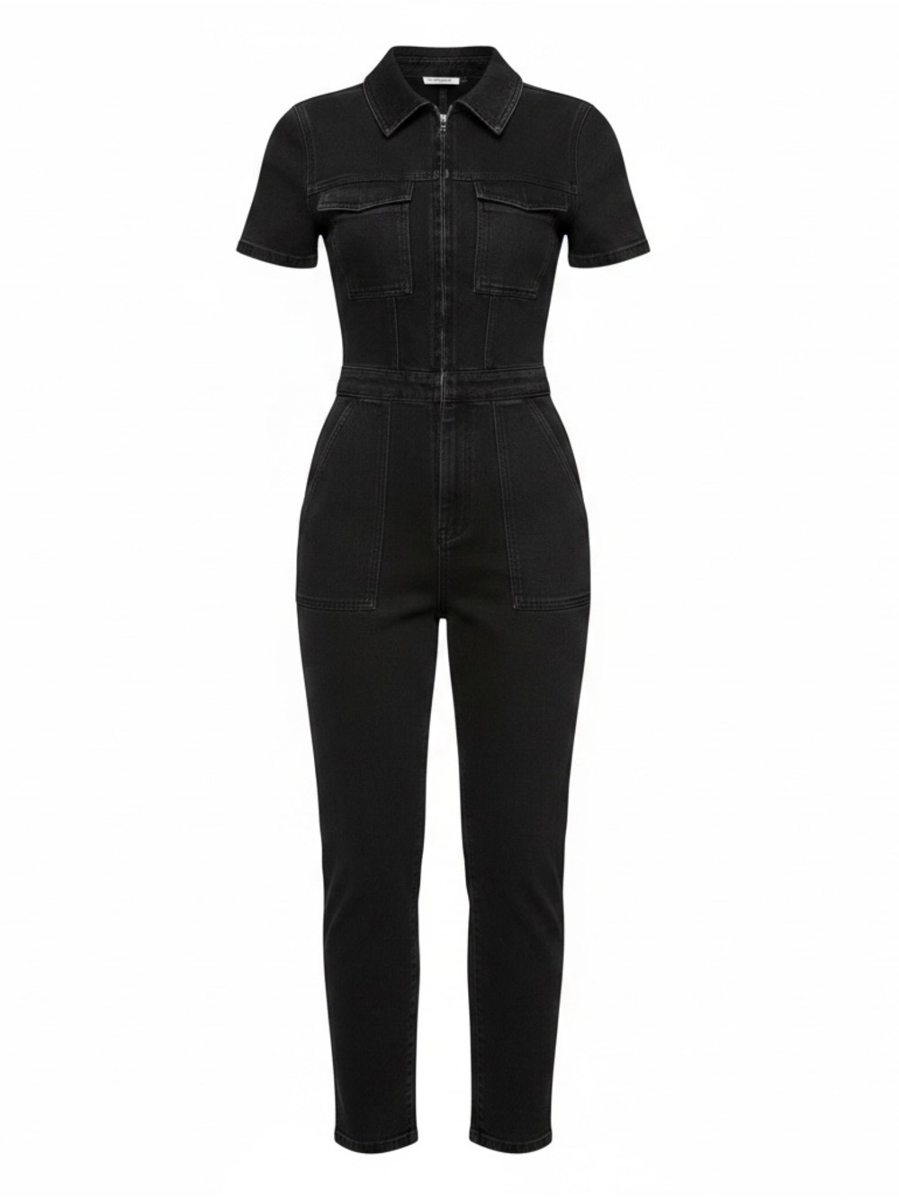 Good American Black Short-Sleeve Denim Jumpsuit with Zip Front